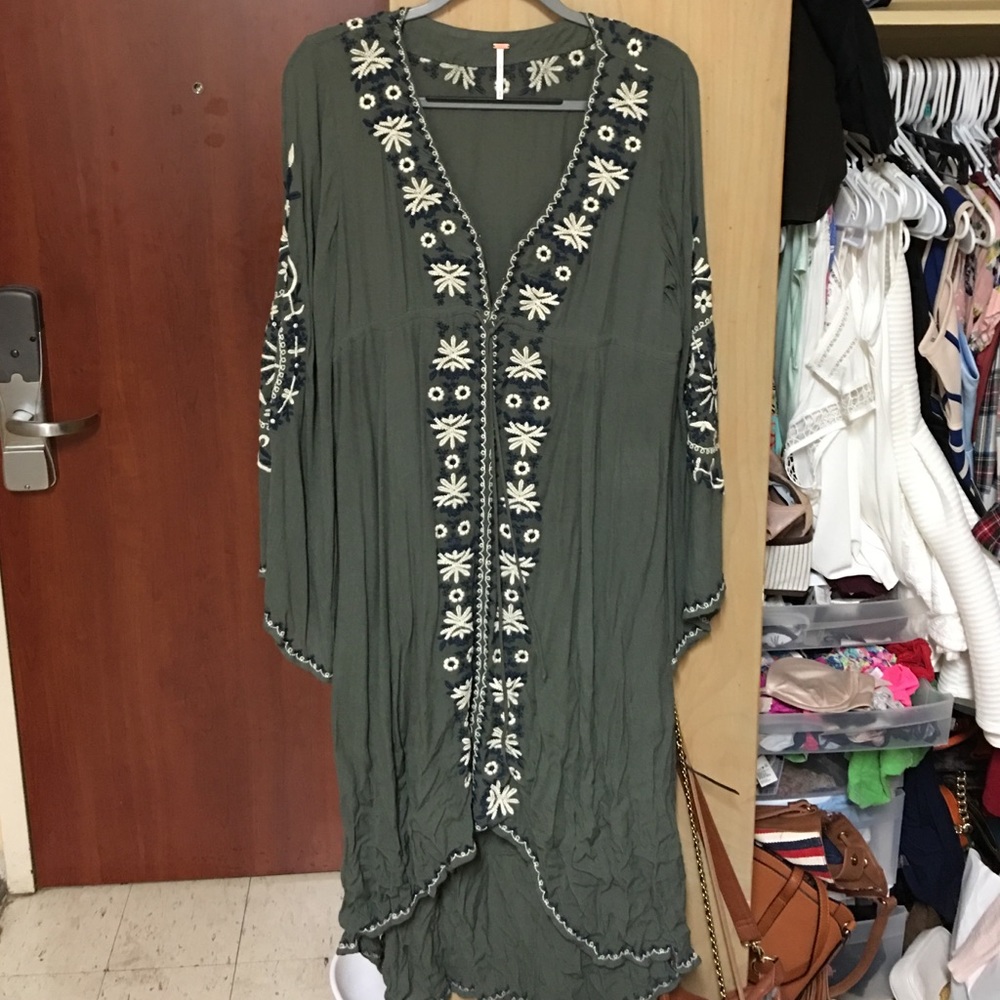 Free People Green High Low Dress with White Embroidery